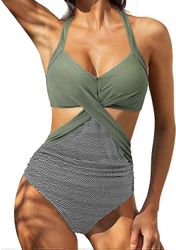 Naisten yksiosainen uimapuku Vatsan hallinta V Kaula Criss Cross Bikinit 13 vihreä S