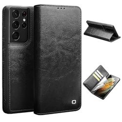 QIALINO aitoa nahkaa oleva puhelimen suojus Samsung Galaxy S21 Ultra 5G -jalustalle Wallet Folio Flip -kotelo Musta
