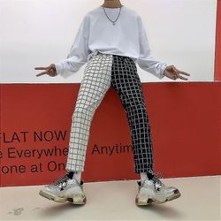 Fashion Vintage Plaid Patchwork Kvinde Man Bukser Bukser hvide sorte bukser S