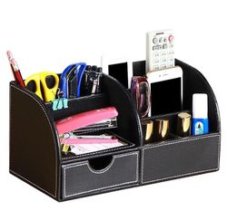 Handuo Læder Multi-funktion Skrivebord Brevpapir Organizer Opbevaring Box Pen / blyant sort
