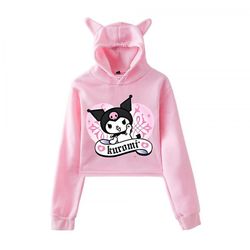 Fsu Sanrio Kawaii Kuromi hettegenser Girl Short Crop Top Høst Ny tegneserie My Melody Print Cat Ears hettegenser Girl Gift Hello Kitty S pink