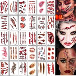 Mikasa 30 Random Halloween Tattoo Klistermærker, Cool midlertidige Horror Sår, Ar, Bloody Dekorationer