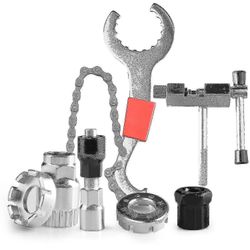 6-osainen pyöränkorjaustyökalusarja, jossa on kammen ulosvetäjä, ketjuleikkuri, vapaapyörän ulosvetäjä polkupyörän huoltoon