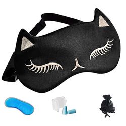 Coosilo Silke Kat Øjenmaske Silke Øjenmasker Kat Sleep Mask Ansigtsmaske Silke bind for øjnene dobbelt side silke maske sort