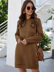 Witdreamer O-hals Kvinder Dress Langærmet Solid Color Sweatshirt Efterår Vinter Khaki M