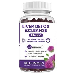 28 i 1 leverformel gummier for fettlever detox og reparasjon - Silymarin, artisjokkekstrakt, løvetann og eplecidereddik - Liver Health Supplement 1...