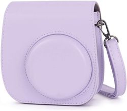 Linkrunning Øjeblikkelig kamerataske kompatibel med Instax Mini 11, PU lædertaske med lomme og justerbar skulderrem (lilla lilla)