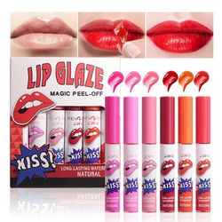 Unbrand 6 väriä Magic Peel-Off Lip Glaze Set, vedenpitävä Magic Color Lip Tint Stain Liquid Lipstick, Peel Off Lip Stain Set, Non-Stick Cup 1 sarja