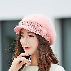 Vinter Høst Beret Lue For kvinner Ull Strikket Lue For mamma Kanin Pels Beret Solid Fashion Lady Cap Fall Lue Kvinne Cap Rosa 55-59cm