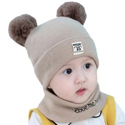 Varychmoo Kids Drenge Piger Vinter Varm Pom Pom Bobble Hat Toddler Strik Hue Tørklæde Sæt Khaki