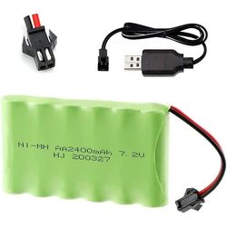 Yunique 7.2V 2400mAh Ni-MH Aa ladattava akku RC-ajoneuvoille | SM-2P 2p-pistokkeella, USB-kaapelilla | RC-autoille mm 87 x 51 x 15-160 gr