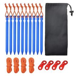 Aluminium Legering Telt Stakes Set, 10pcs 18cm Telt Spil med 4 stk Guy Line Rope, 4 stk Reb spænde og taske, Color Black Kongeblå