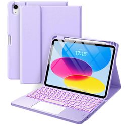 iPad 10. 11. sukupolven kotelo näppäimistöllä, ohjauslevyllä, taustavalolla, laventelilla