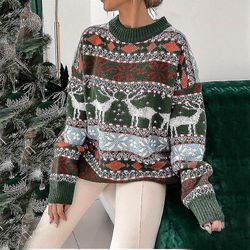 Christmas Women Baggy Xmas Elk Pullover Genser Topper Casual Long Sleeve Warm Jumper Tw Grønn XL