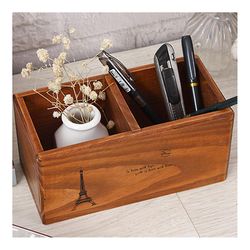 Ruili Zakka Opbevaring Box Træ 2 Gitter Pen Container Tabel Dekoration brun