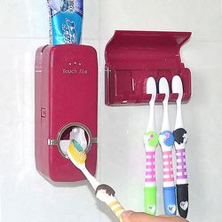 Automatisk automatisk tandpastadispenser +5 tandbørsteholder sæt vægbeslag rød