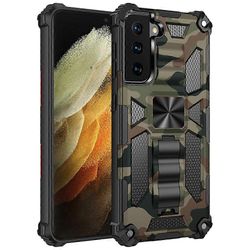 Samsung Galaxy S21 Ultra 5G Camouflage Armor iskunkestävä TPU + PC magneettinen suojakotelo pidikkeellä (mintunvihreä)