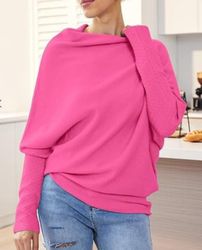 Asymmetrisk draperad tröja, en tröja så ultramjuk som molnen Damer Långärmad Slouch Batwing Vanlig Mjuk Stickad Tröja rosa