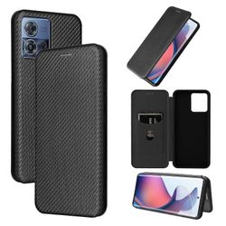 Kompatibel med Motorola Moto Edge 30 Fusion Carbon Fiber Pattern Premium Flip Case med korthållare Black