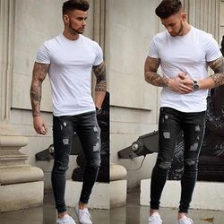 Menn Distressed Denim Bukser Super Stretch Skinny Slim Fit Jeans Ripped Frayed Bukser Svart M