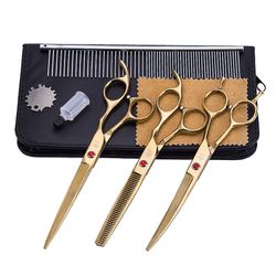 7,0 tommer Blå 3pcs Pet Gromming Saks Skæring Barber Buet Shears Frisør Tools Guld