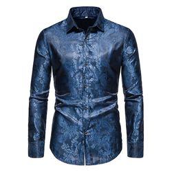 Kissqiqi Mænds Natklub Shiny 3d Trykt Slim Fit Button Down Party Dress Shirt Blå L