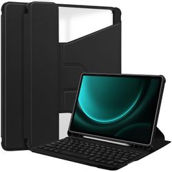 Tablet Case Samsung Galaxy Tab S9 FE + 360 -kierto läpinäkyvä älykäs nahkakotelo näppäimistöllä Musta