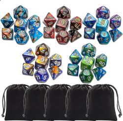 Polyhedral terningsett (35 stykker) med svarte poser, 5 komplette terningsett med doble farger D4 D6 D8 D10 D% D12 D20