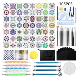 Veeki Mandala Dot Tegning 105 Piece Tool Set - , med kompass, linjal, borepennverktøy, kulepenn for bergmaling, fargelegging, neglekunst, maling og...