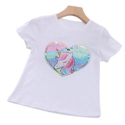 Liltop Kids Girls Cartoon Enhjørning Pailletter T-shirt Bluse Crew Hals Kortærmet Toppe Tee Hvid 1-2 Years