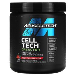 MuscleTech, Cell Tech CREACTOR, kreatiinihydrokloridi + vapaahappoinen kreatiini, Fruit Punch Extreme, 269 g