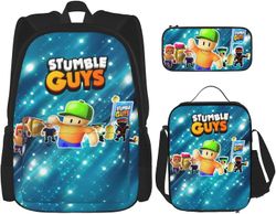 Stumble Guys Reppu Cartoon 3-osainen reppusetti Kannettava tietokone Reppu &; Eristetty lounaspussi ja penaali 3 in 1 lahjat pojille tytöille One Size