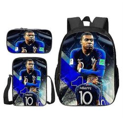 Jalkapallotähti Mbappe painoi koululaukun tai ateriapussin tai kynäpussin tai kolmiosaisen repun opiskelijoille 3pcs