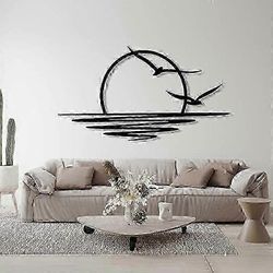 Auringonnousun metalliseinätaide, Auringon ja lokkien seinäkoriste, Metalliseinäkoriste, Abstrakti auringonlaskun kodin sisustus