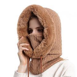 Yunshu Kvinders vindtæt fleece foret termisk hætte vinter ansigt cover hat khaki