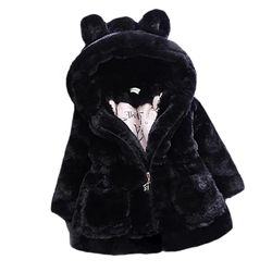 Liltop Piger Iaux Fur Hætteklædte Coat Tyk Jakke Outwewear For 2-9years Kids Sort 5-6 Years