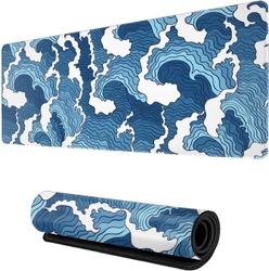 Skiyy Japansk Wave Musematte Blå og hvit musematte Gaming Stor Xxl Lang musematte Utvidet Xl Desk Mat Sklisikker gummi Base Sydde kanter Mus Pad 31...