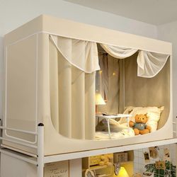 Yhden hengen vuoteeseen tarkoitettu verho, sisäänvedettävä ja tukeva kiinnitys, neljältä sivulta työntö- ja vetoavaus, beige korkea vuode perheasun...