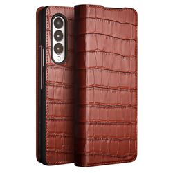 Qialino Crocodile Texture Telefonetui til Samsung Galaxy Z Fold4 5g, Business Style Shockproof Koskind Læder Telefondæksel Brown