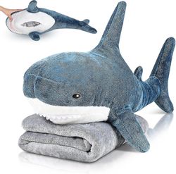 32" Giant Sea Shark Stuffed Toy - Plysch Marine Animal Doll, Mjuk kudde-filt 2 i 1, Stor kudde för rumsdekor & födelsedag, mörkblå