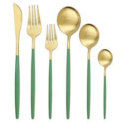 Unbrand 36pcs Grøn Guld rustfrit stål porcelæn Gaffel Spoon Køkken service Sæt