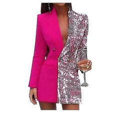 Kvinder Mode Colorblock Pailletter Langærmet Dobbelt Breasted Bodycon Blazer Pink M