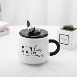 Linkrunning Kreativ håndmalet panda keramisk krus sød tegneserie morgenmad vand kop krus med låg ske par fødselsdagsgave, med 3D panda låg og ske, ...