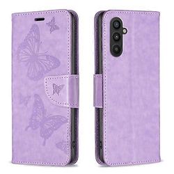 Samsung Galaxy A25 5G kohokuvioitu kaksi perhoskuvioista nahkainen matkapuhelinkotelo Violetti