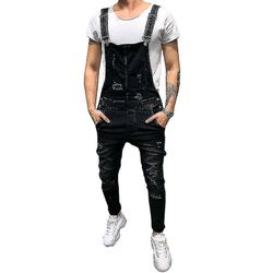 Herre Denim Ripped Overalls Jeans Dungarees Jumpsuits med lommer Sort S