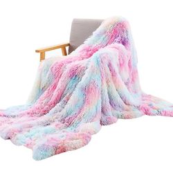 Yunshu Comfort Faux Fur Dobbelt-lags tie-dye Kast Fluffy Tæppe regnbue 160*200cm
