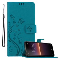 Sony Xperia 10 II -suojakotelo - kukkakuviolla ja korttipaikalla KUKKA SININEN