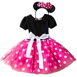 Børn Piger Minnie Mouse Polka Dot Kortærmet Kjole Fest Afslappet Bue Tutu Tulle Kjoler Rose rød 5-6 Years