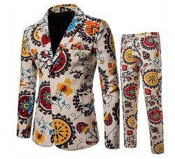 Handuo 2 knapper trykt blazer 2 stk. jakkesæt Beige M