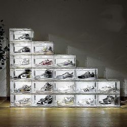 Ääniaktivoitu LED-valaistu kirkas muovinen magneettinen kenkälaatikko, kolmivaihteinen säätötila, pinottava ja taitettava kenkälaatikko (läpinäkyvä...